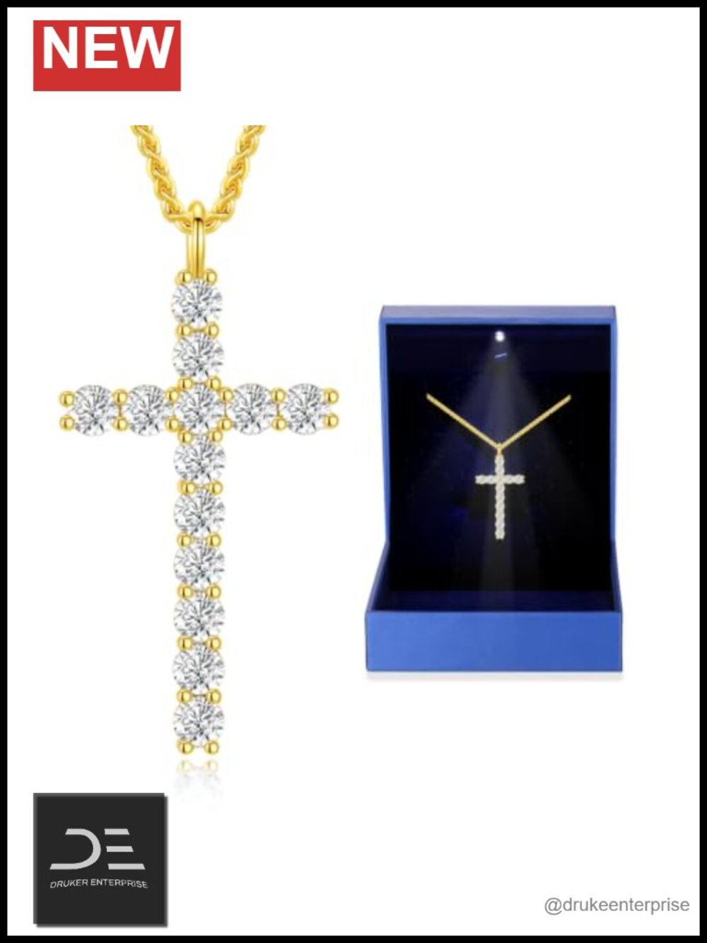 Gold Plated Sterling Silver Moissanite Cross Pendant Necklace